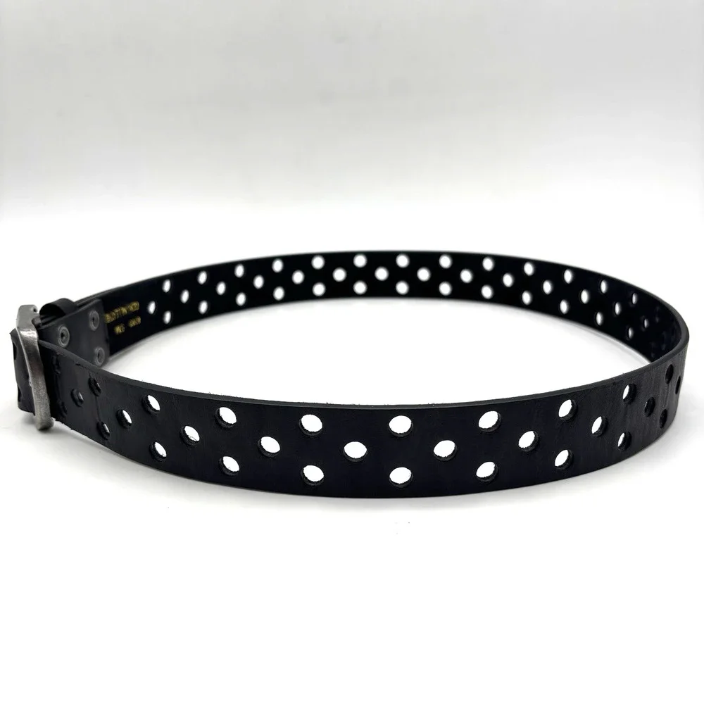 Vintage Y2K Black Genuine Leather Single Prong 3-row Holes Belt S/M Up to 36